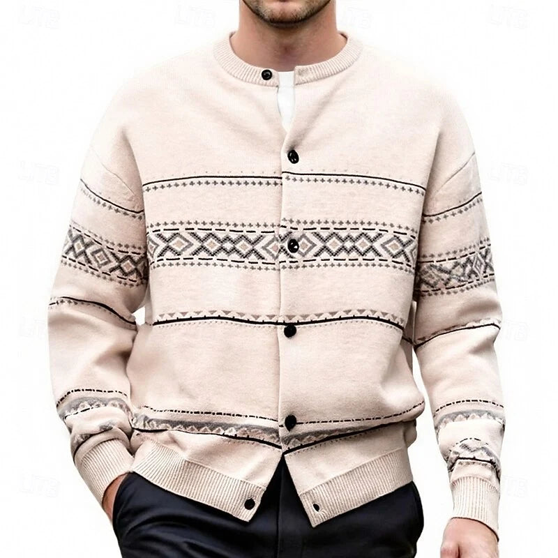Men's beige relaxed patterned knit cardigan with ribbed trim