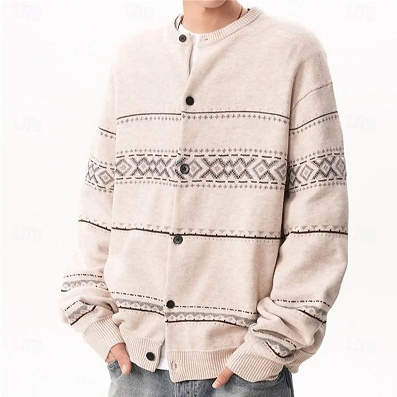 Men's beige relaxed patterned knit cardigan with ribbed trim