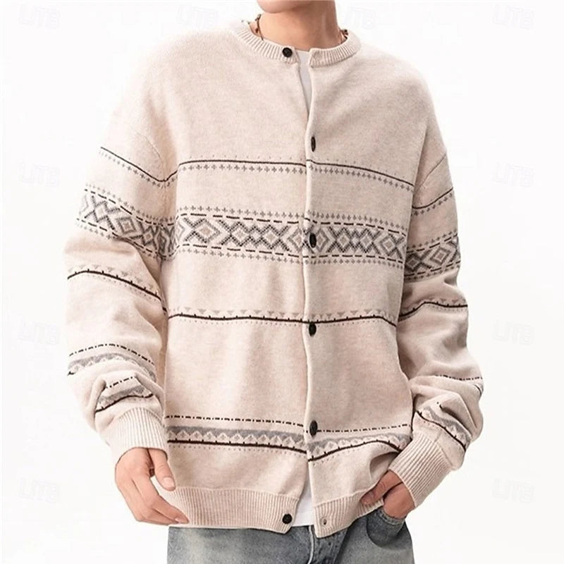 Men's beige relaxed patterned knit cardigan with ribbed trim