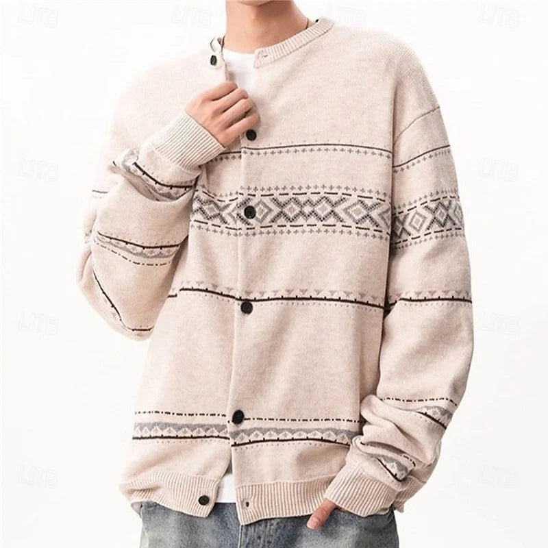 Men's beige relaxed patterned knit cardigan with ribbed trim