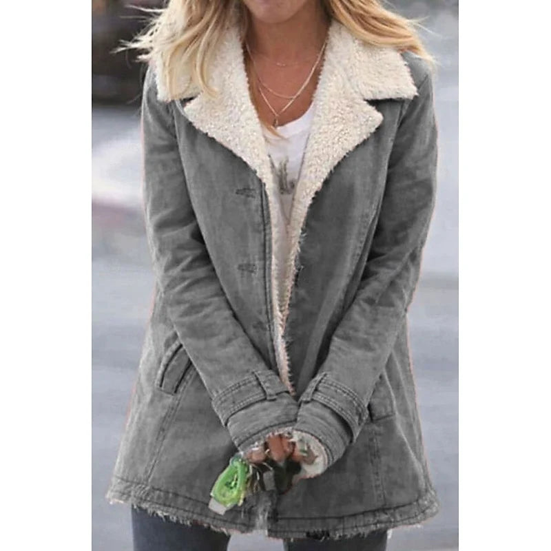 Women's gray sherpa-lined Denim Coat with Notch Lapel Collar