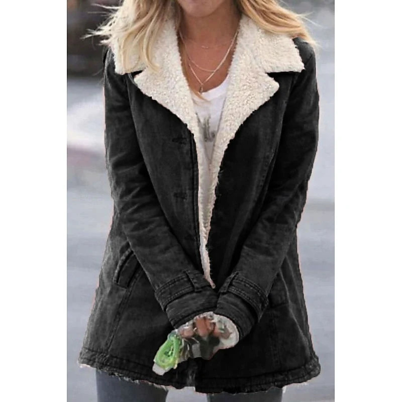 Women's black sherpa-lined Denim Coat with Notch Lapel Collar