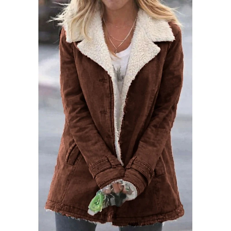 Women's brown sherpa-lined Denim Coat with Notch Lapel Collar