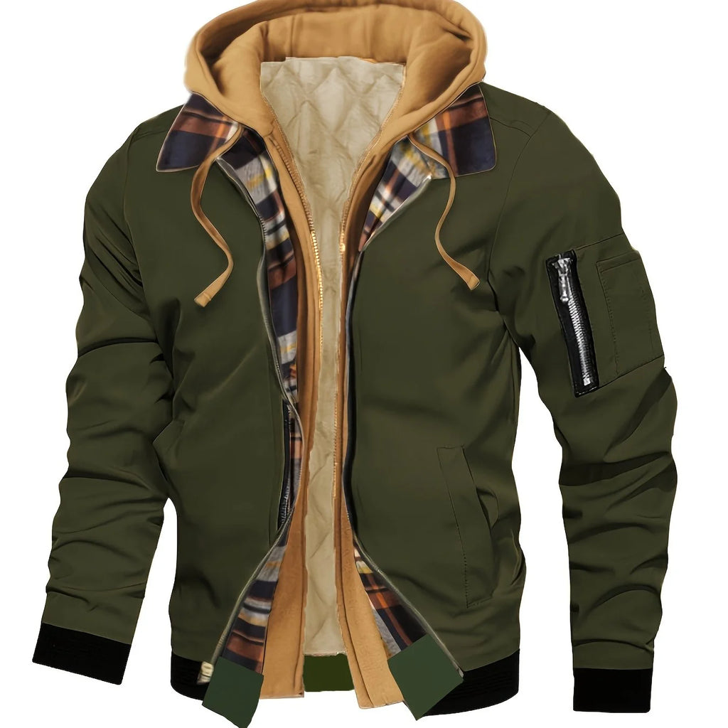 Men's military green hooded Trucker Jacket with Plaid Flannel Lining