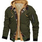 Men's military green hooded Trucker Jacket with Plaid Flannel Lining