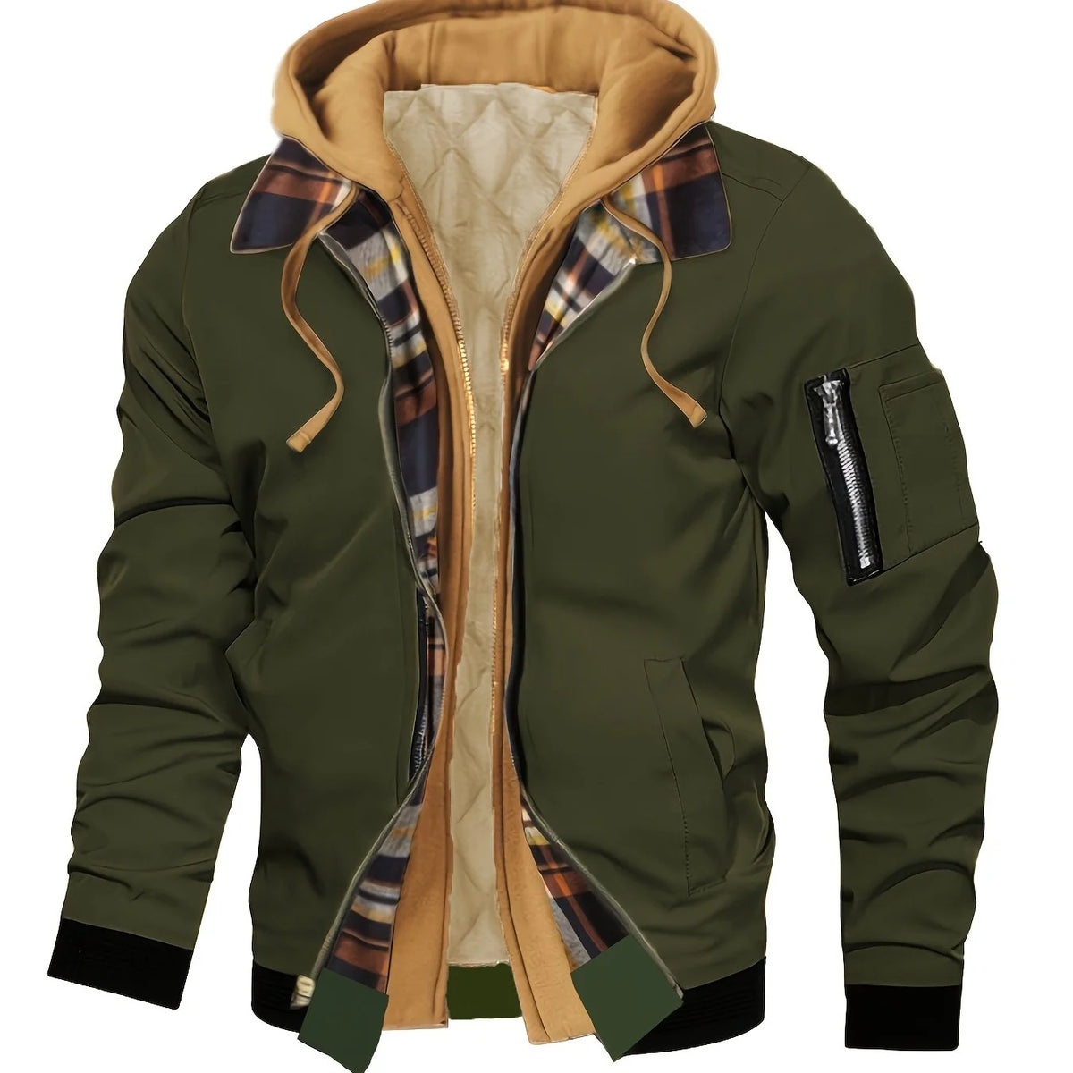Men's military green hooded Trucker Jacket with Plaid Flannel Lining