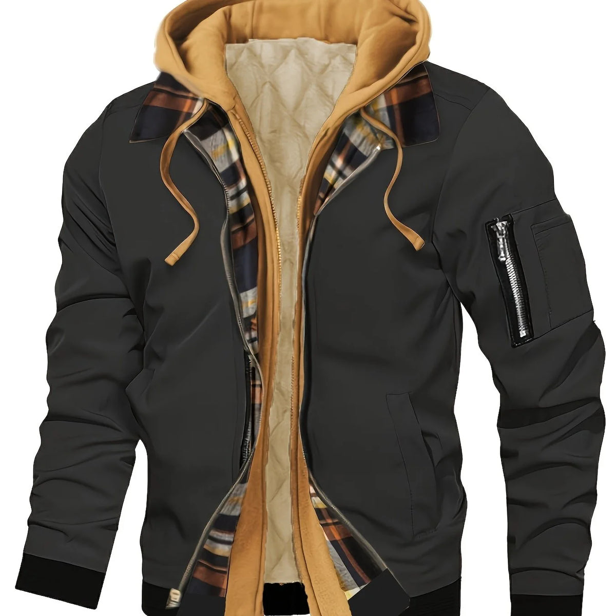 Men's khaki hooded Trucker Jacket with Plaid Flannel Lining