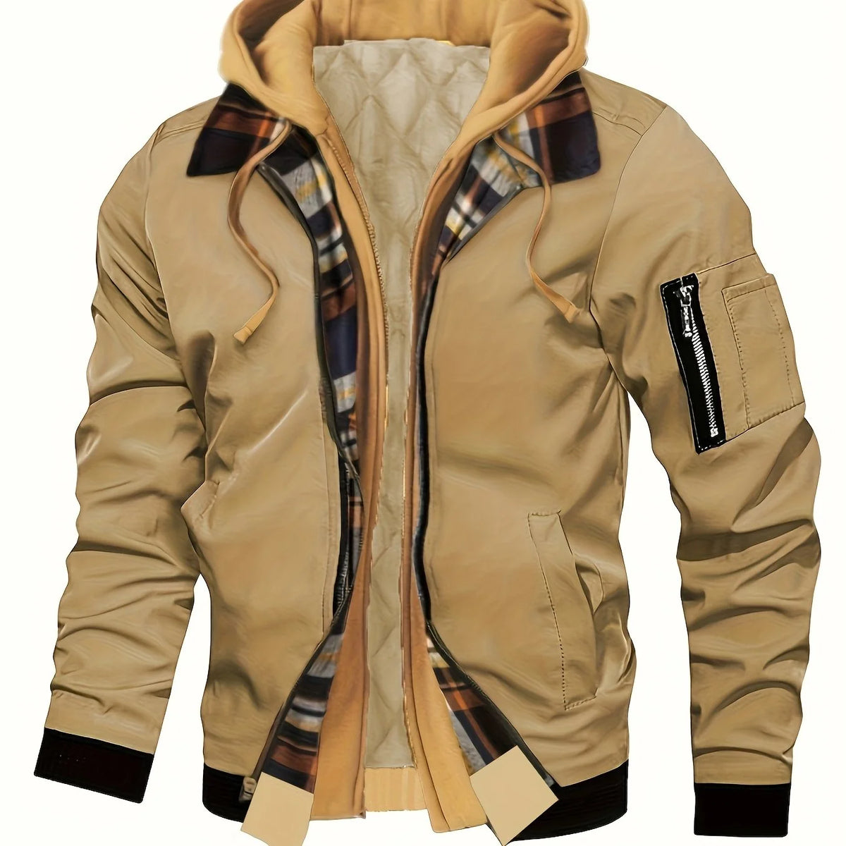 Men's khaki hooded Trucker Jacket with Plaid Flannel Lining