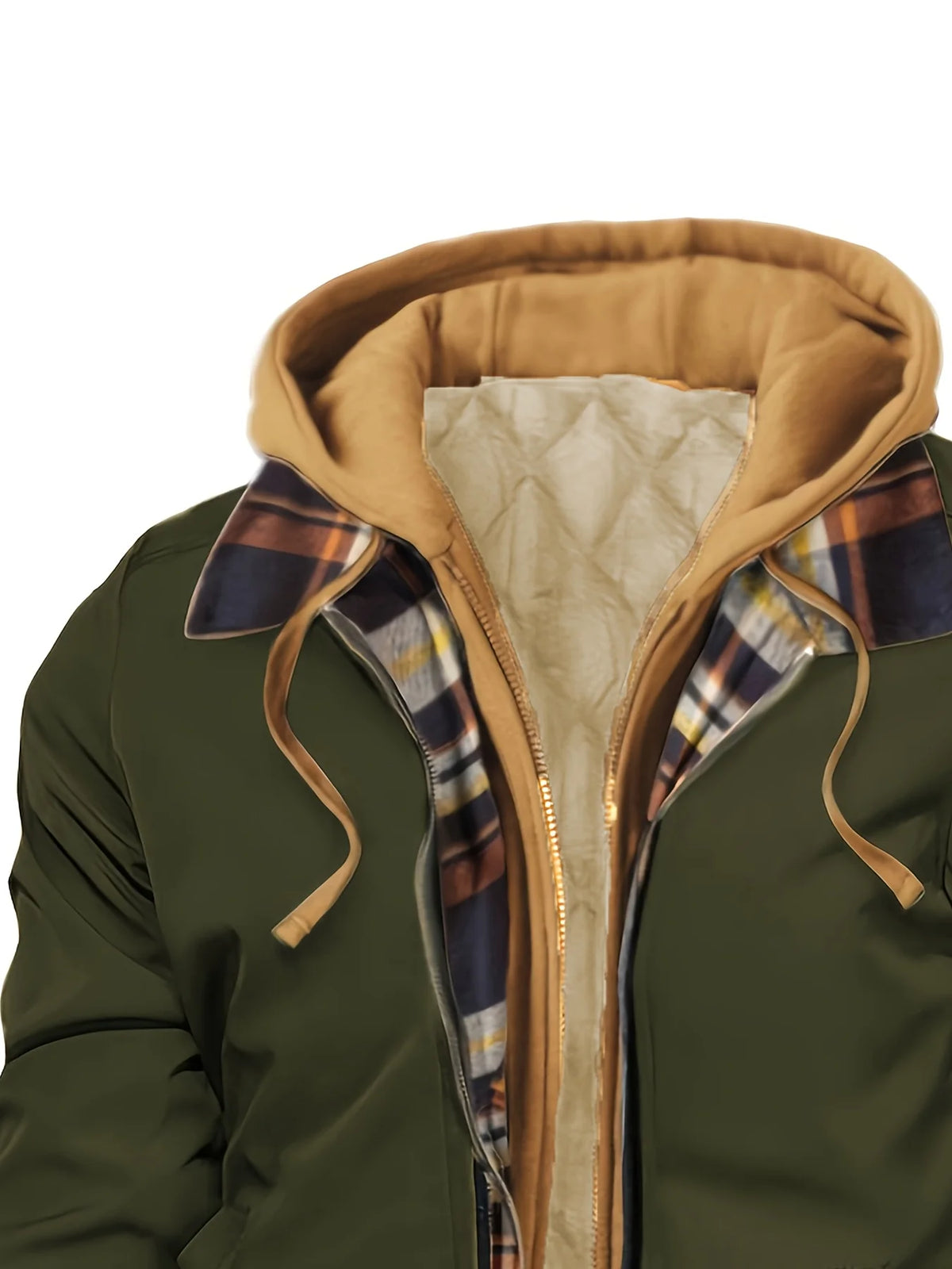 Men's khaki hooded Trucker Jacket with Plaid Flannel Lining