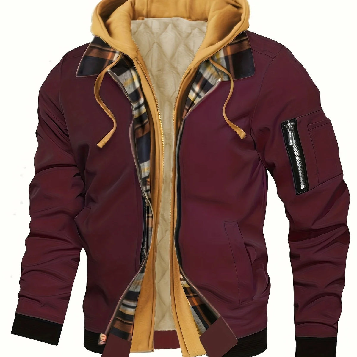 Men's khaki hooded Trucker Jacket with Plaid Flannel Lining