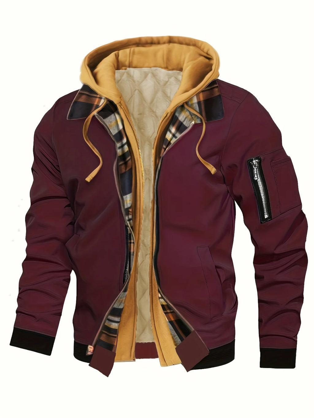Men's khaki hooded Trucker Jacket with Plaid Flannel Lining
