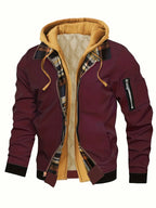 Men's khaki hooded Trucker Jacket with Plaid Flannel Lining