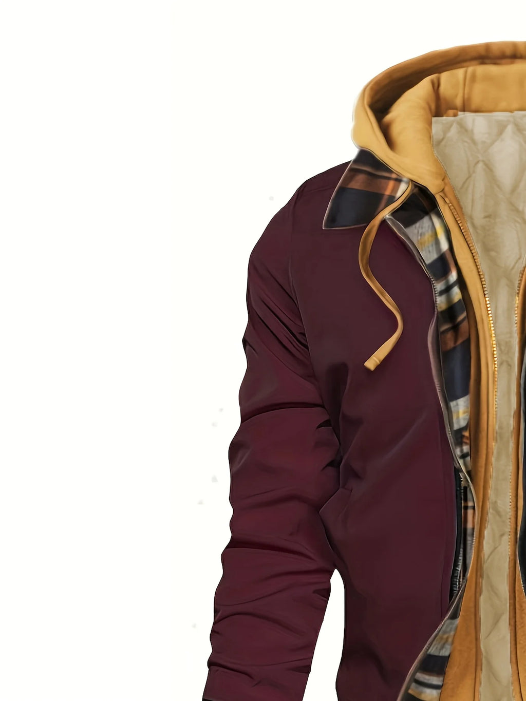 Men's khaki hooded Trucker Jacket with Plaid Flannel Lining