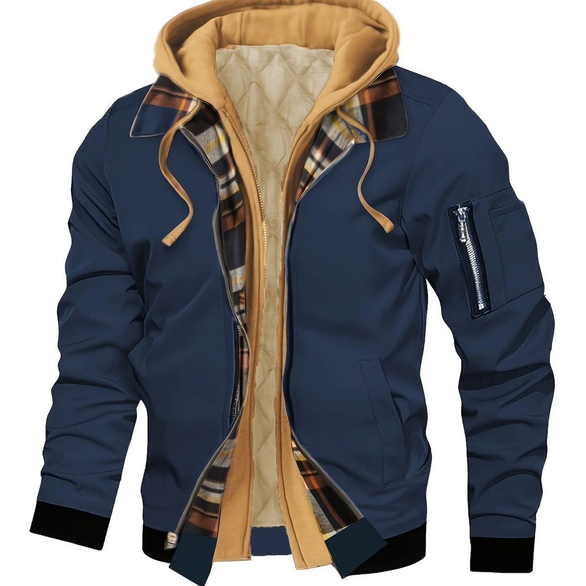 Men's khaki hooded Trucker Jacket with Plaid Flannel Lining