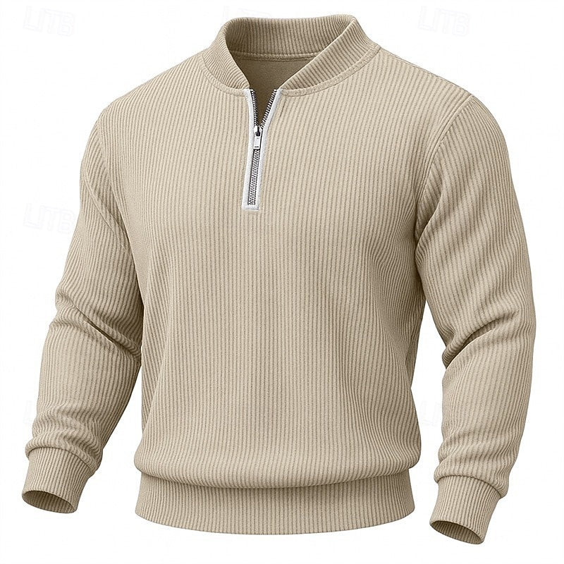 Men's apricot ribbed Knit Quarter-Zip Pullover Sweater