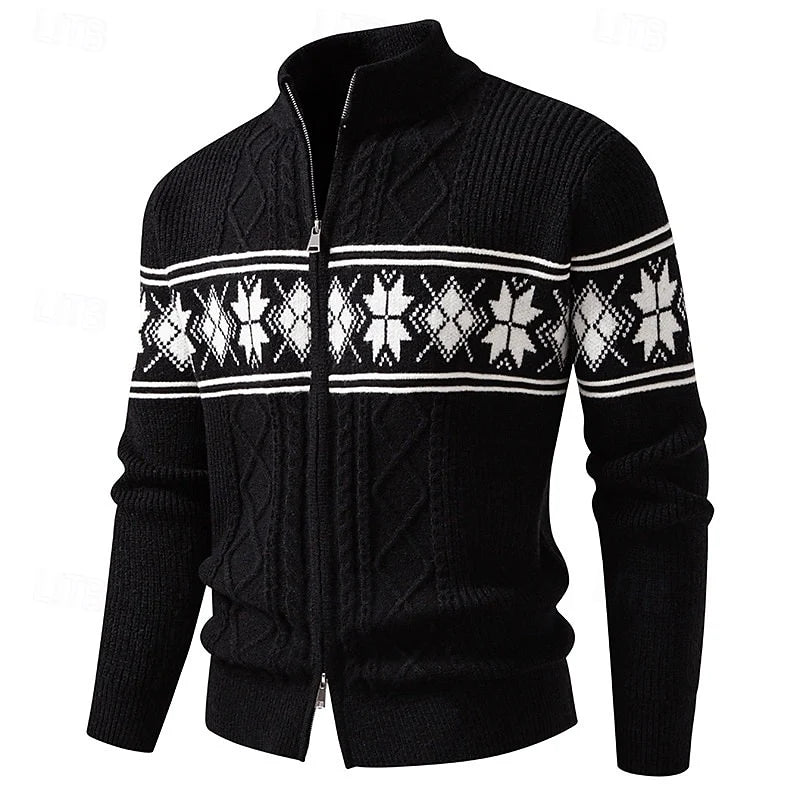 Men's black fair Isle Full-Zip Cardigan with Stand Collar