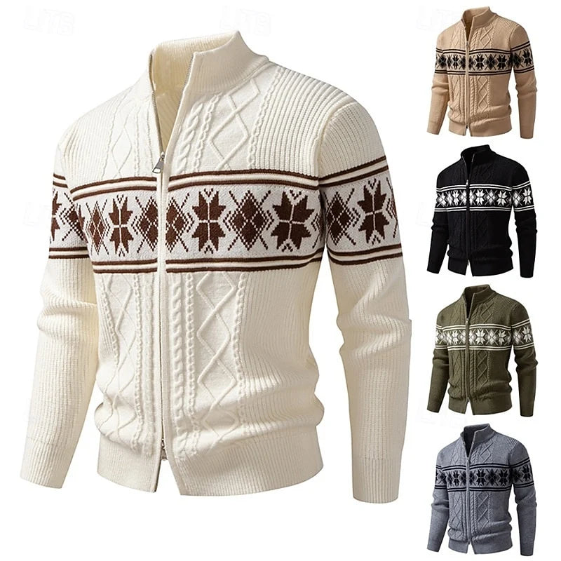Men's white fair Isle Full-Zip Cardigan with Stand Collar