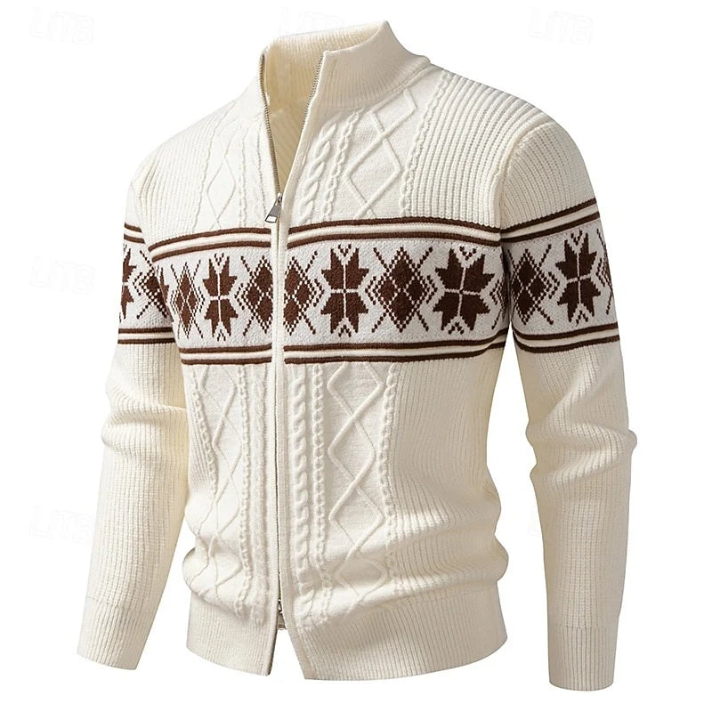 Men's military green fair Isle Full-Zip Cardigan with Stand Collar