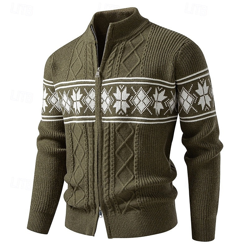 Men's gray fair Isle Full-Zip Cardigan with Stand Collar