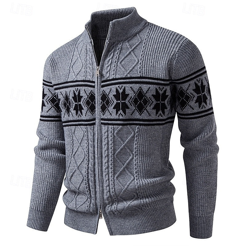 Men's khaki fair Isle Full-Zip Cardigan with Stand Collar