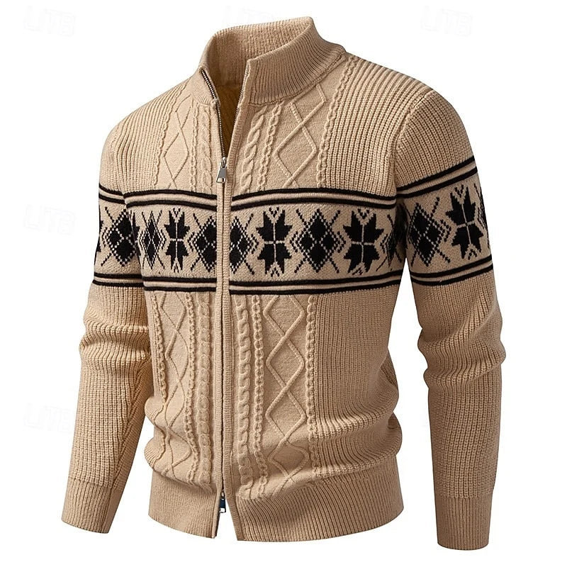 Men's khaki fair Isle Full-Zip Cardigan with Stand Collar