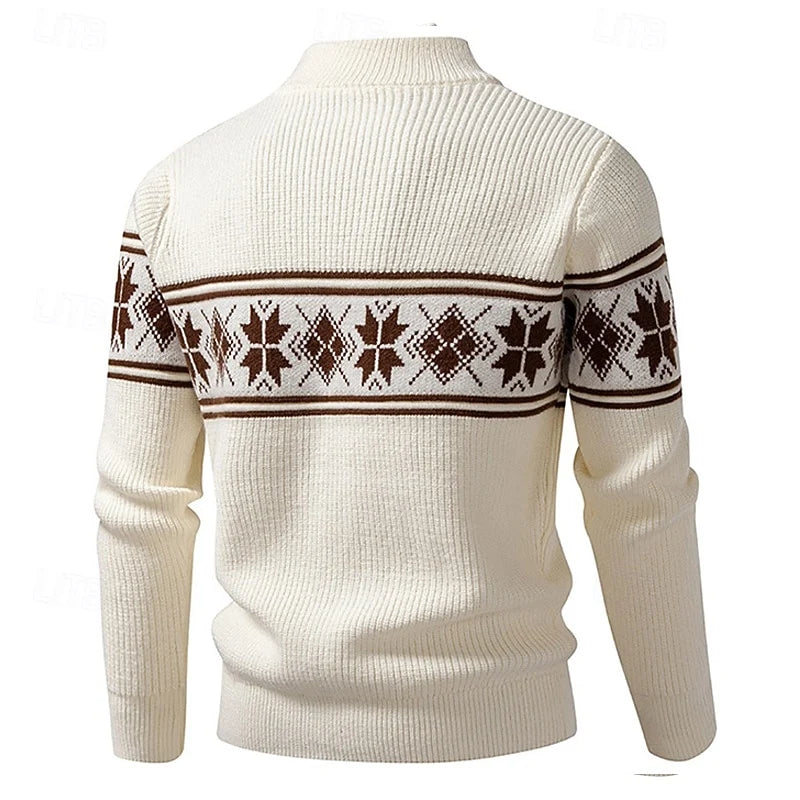 Men's khaki fair Isle Full-Zip Cardigan with Stand Collar