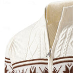 Men's khaki fair Isle Full-Zip Cardigan with Stand Collar