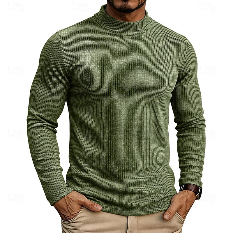 Men's military green ribbed Knit Mock Neck Long-Sleeve Layering Top