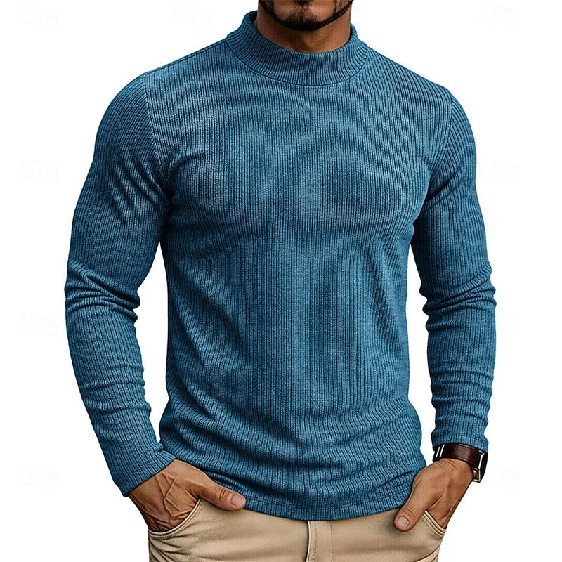 Men's khaki ribbed Knit Mock Neck Long-Sleeve Layering Top