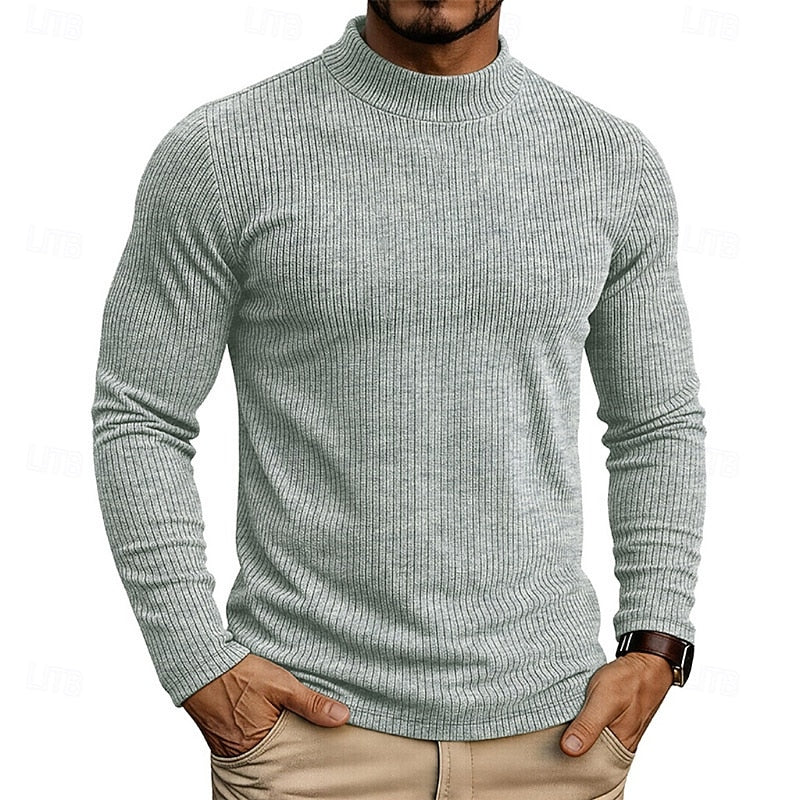 Men's khaki ribbed Knit Mock Neck Long-Sleeve Layering Top