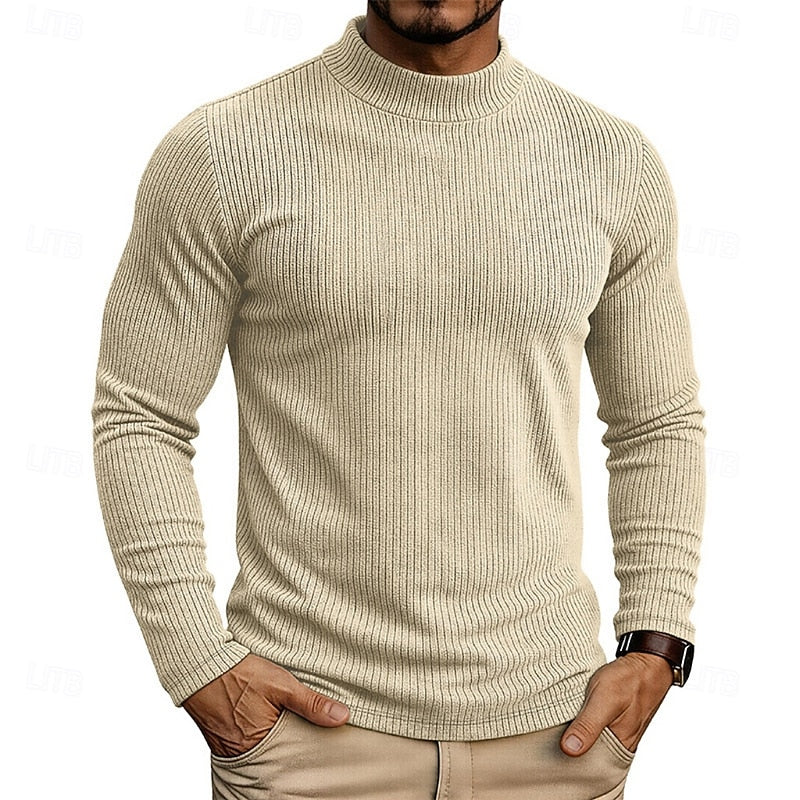 Men's khaki ribbed Knit Mock Neck Long-Sleeve Layering Top