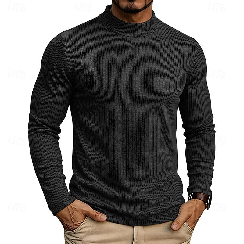 Men's khaki ribbed Knit Mock Neck Long-Sleeve Layering Top