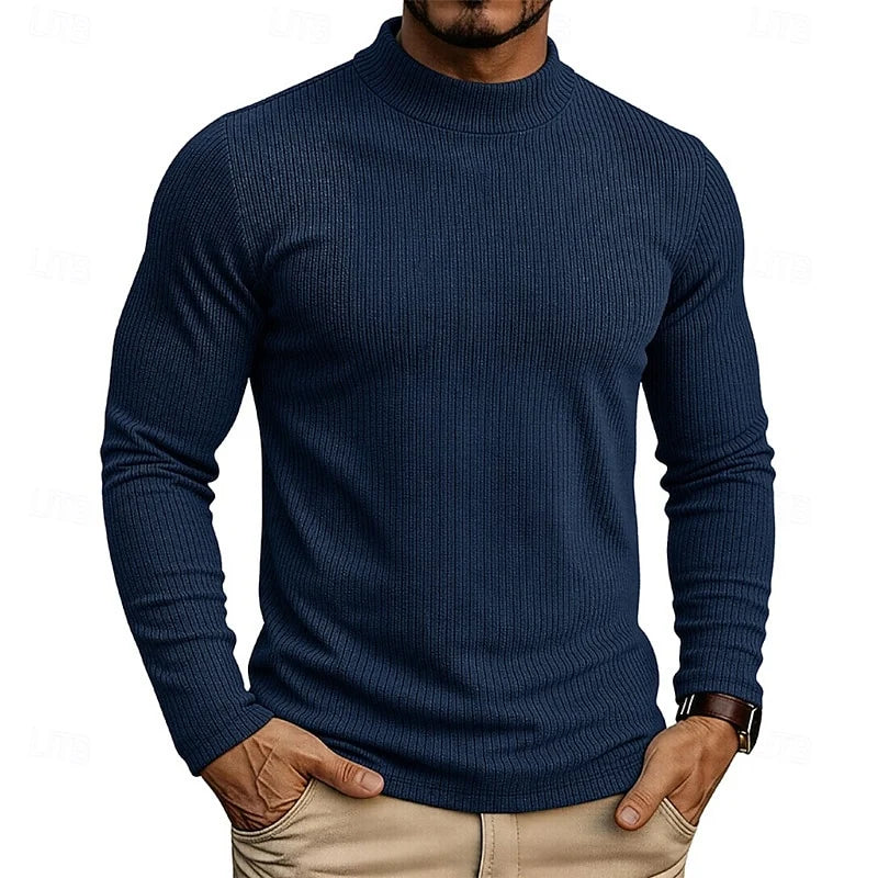 Men's blue ribbed Knit Mock Neck Long-Sleeve Layering Top