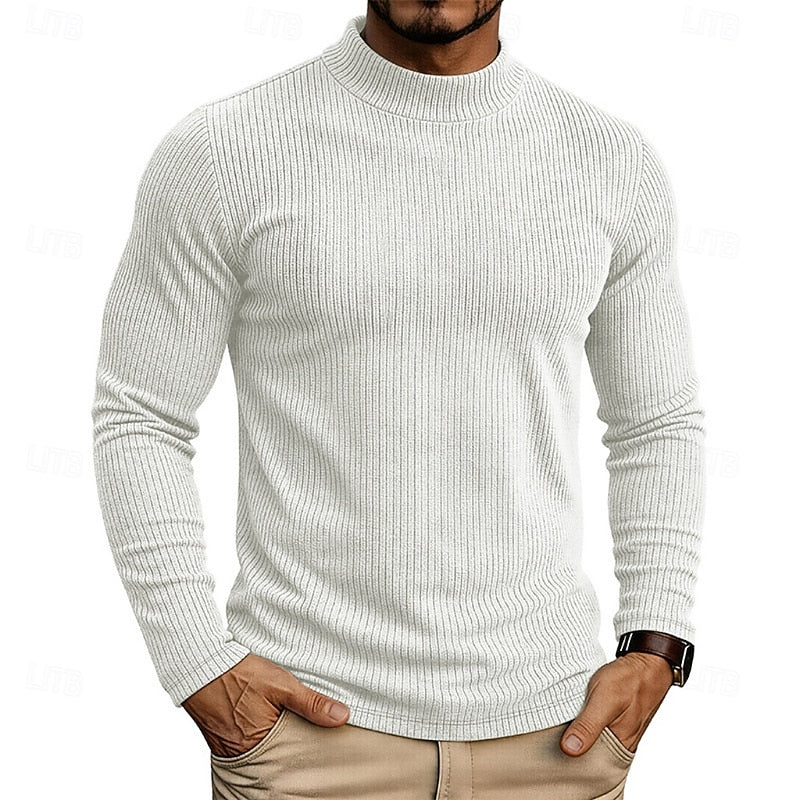 Men's khaki ribbed Knit Mock Neck Long-Sleeve Layering Top