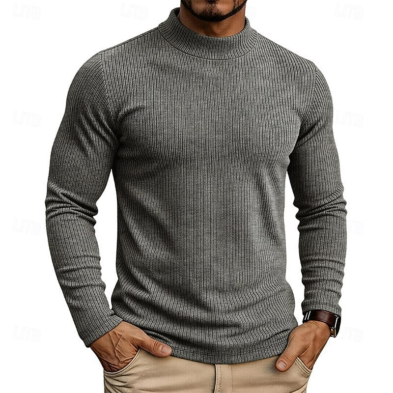 Men's khaki ribbed Knit Mock Neck Long-Sleeve Layering Top