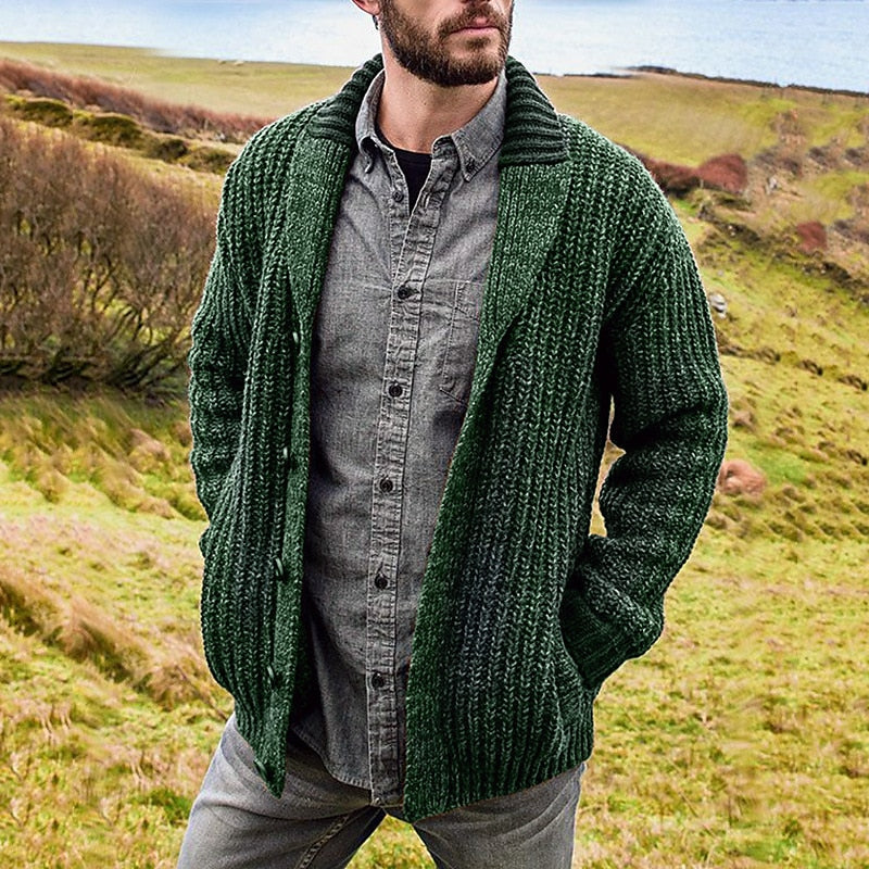 Men's green shawl collar chunky knit cardigan with patch pockets