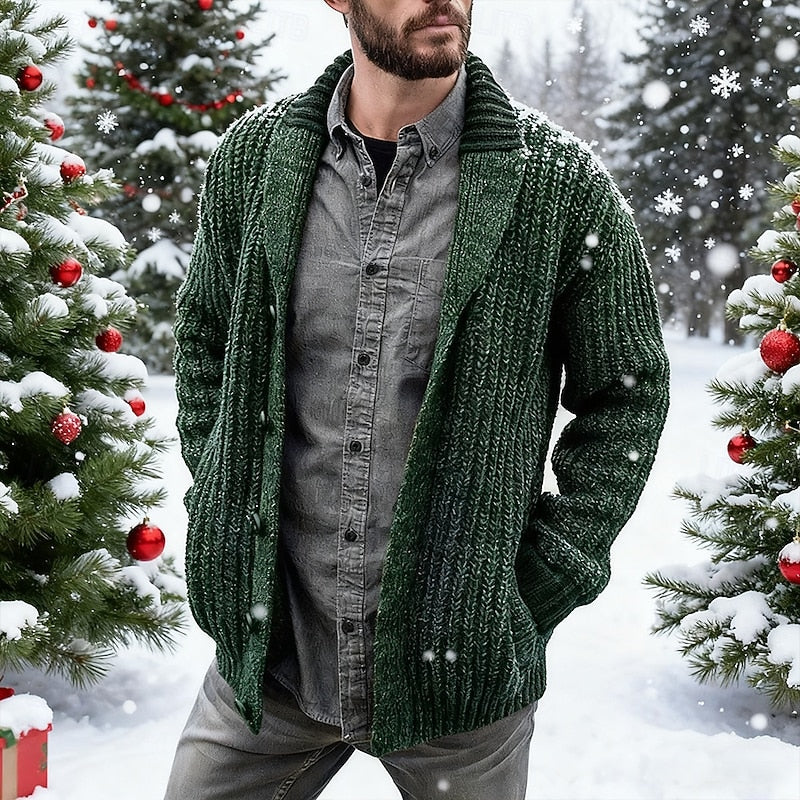 Men's green shawl collar chunky knit cardigan with patch pockets