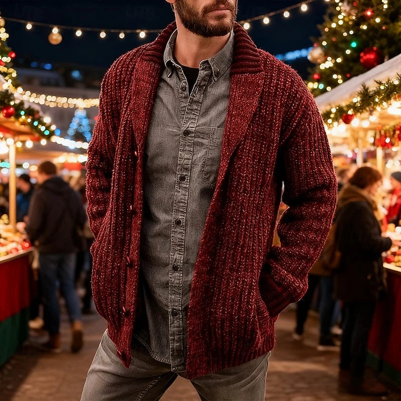 Men's green shawl collar chunky knit cardigan with patch pockets