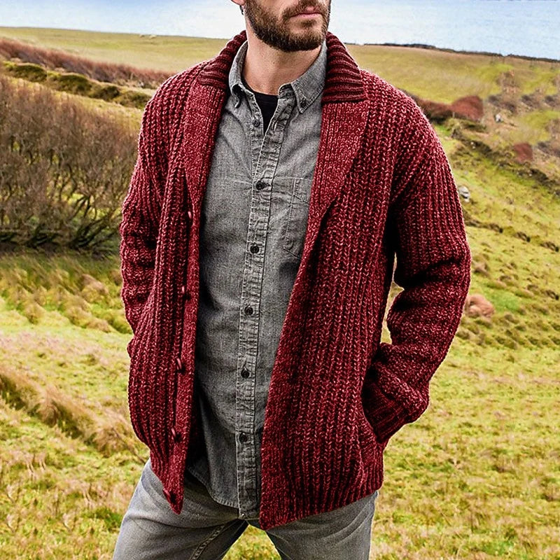 Men's red shawl collar chunky knit cardigan with patch pockets