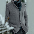 Men's gray fitted ribbed stand-collar cardigan with side pockets