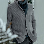 Men's gray fitted ribbed stand-collar cardigan with side pockets