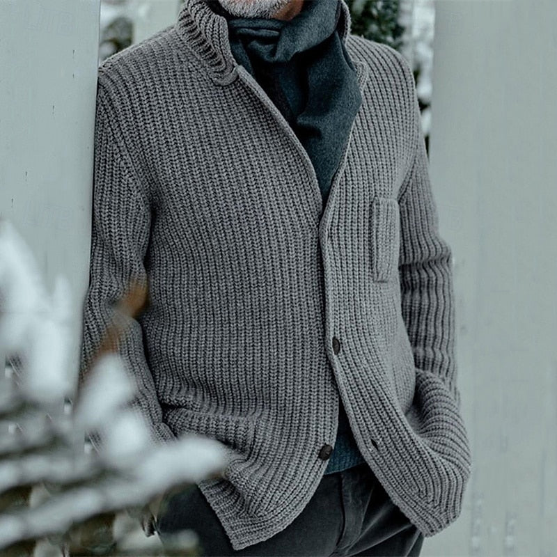 Men's gray fitted ribbed stand-collar cardigan with side pockets