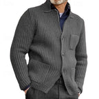 Men's gray fitted ribbed stand-collar cardigan with side pockets
