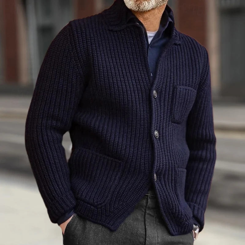 Men's navy blue fitted ribbed stand-collar cardigan with side pockets