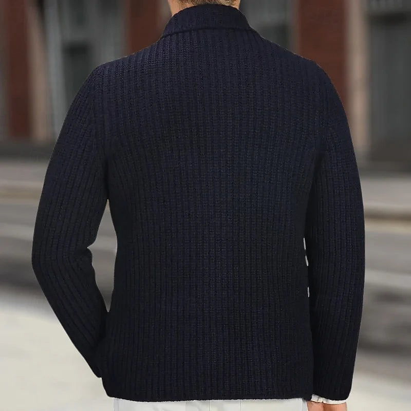 Men's navy blue fitted ribbed stand-collar cardigan with side pockets