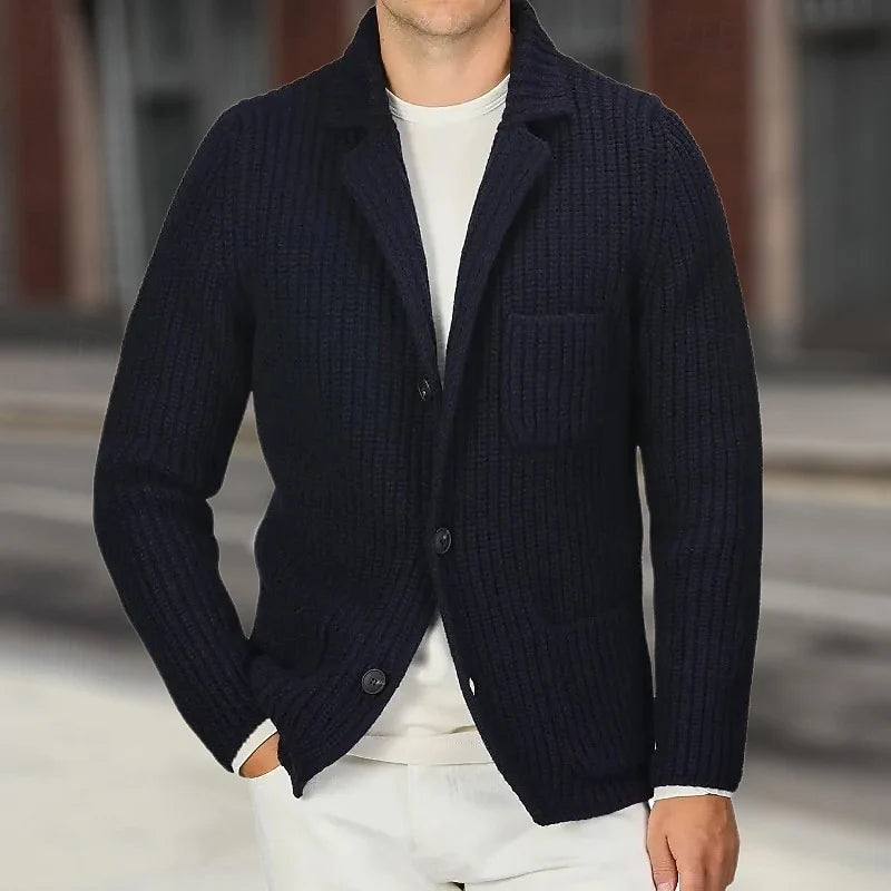 Men's black fitted ribbed stand-collar cardigan with side pockets