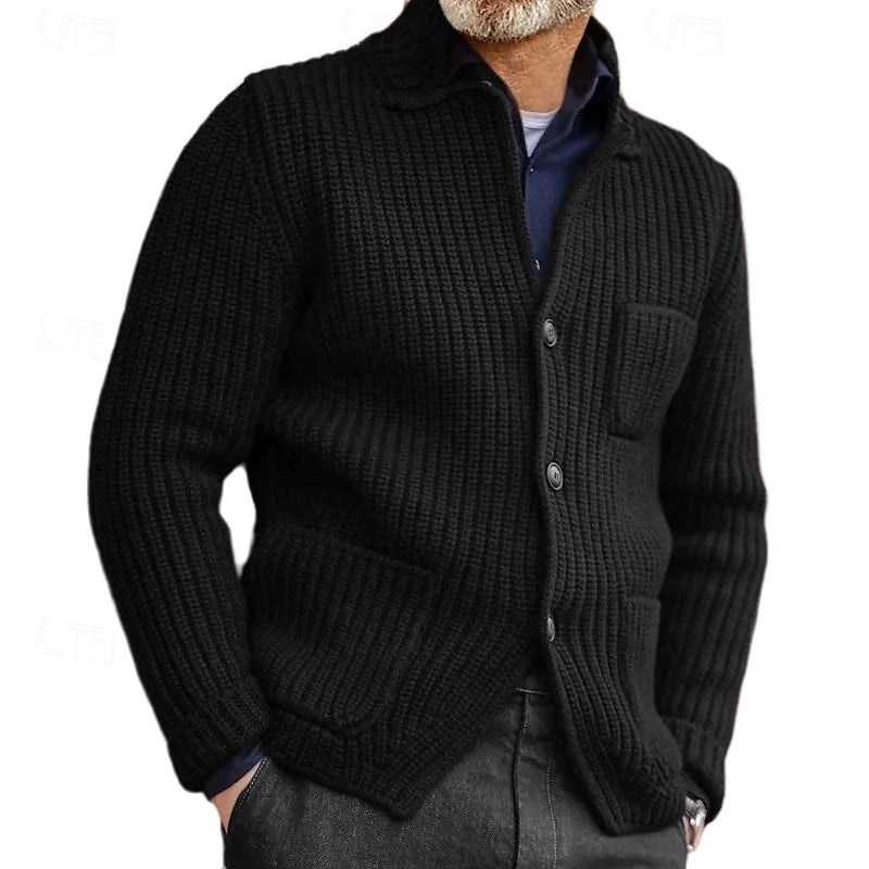 Men's black fitted ribbed stand-collar cardigan with side pockets