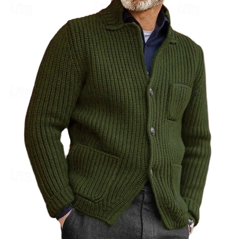 Men's military green fitted ribbed stand-collar cardigan with side pockets