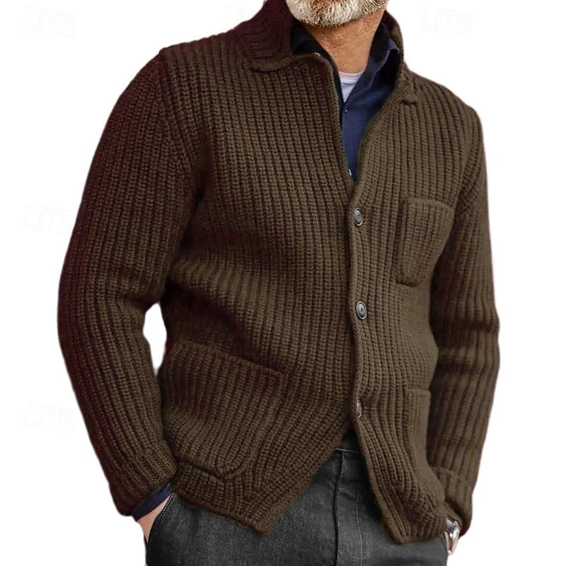 Men's coffee fitted ribbed stand-collar cardigan with side pockets