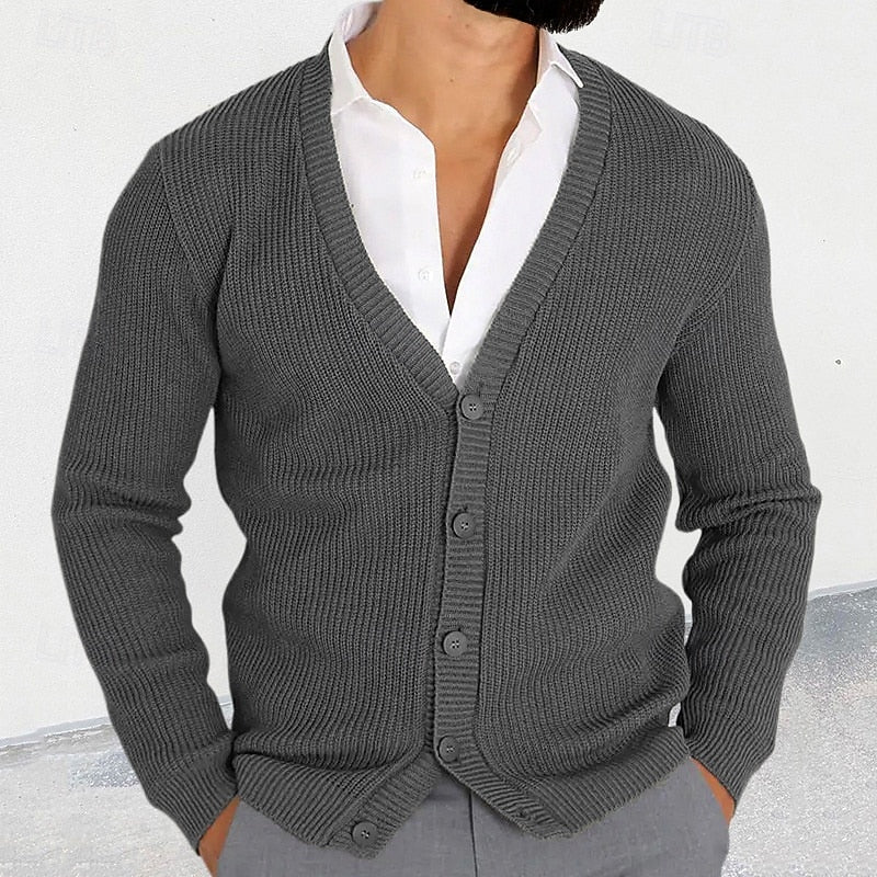 Men's gray classic Ribbed V-Neck Button-Down Cardigan